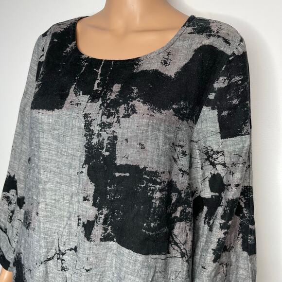 Habitat Clothes to Live In abstract print linen blouse Small BlackGrey Lagenlook - Picture 10 of 11